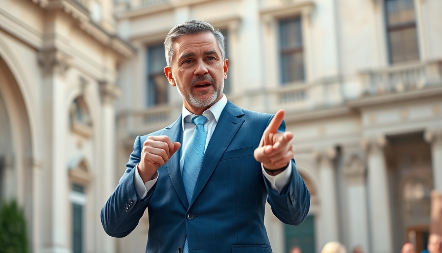 Confident man in blue suit pointing amid classical architecture, Trump executive orders law firms.