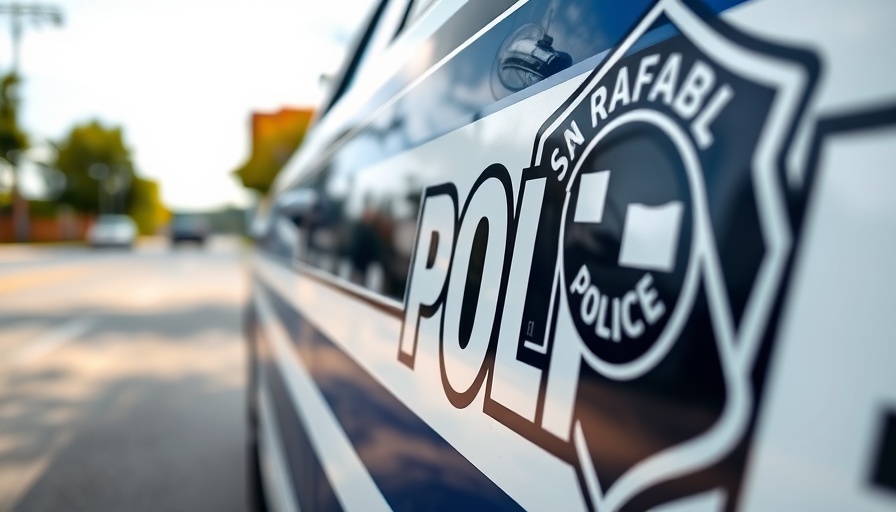 San Rafael police car in suburban area for local news updates.