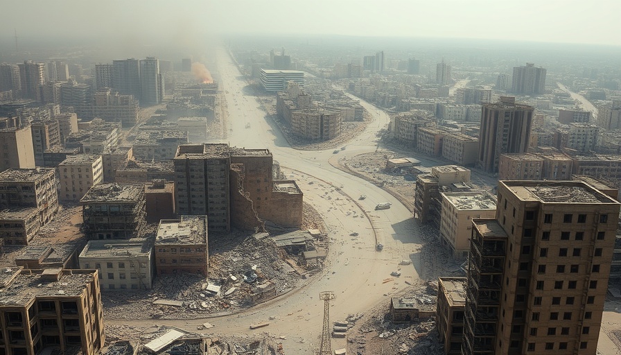 Destruction in Gaza with collapsed buildings, US-backed aid center context.
