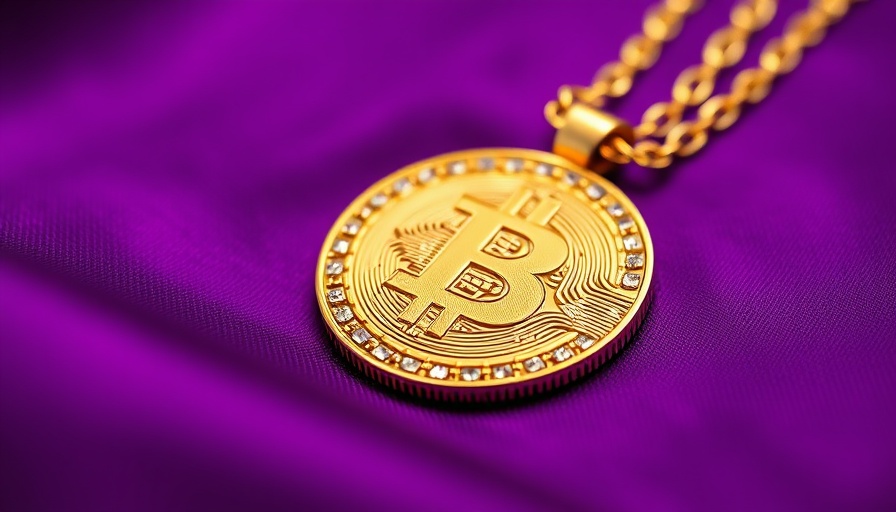 Sparkling golden Bitcoin necklace on a purple background.