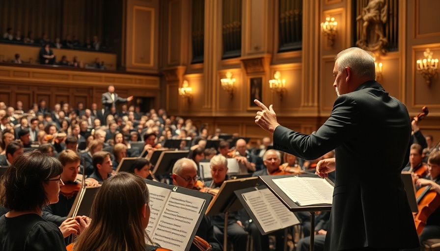 Orchestra performing live concert with conductor leading