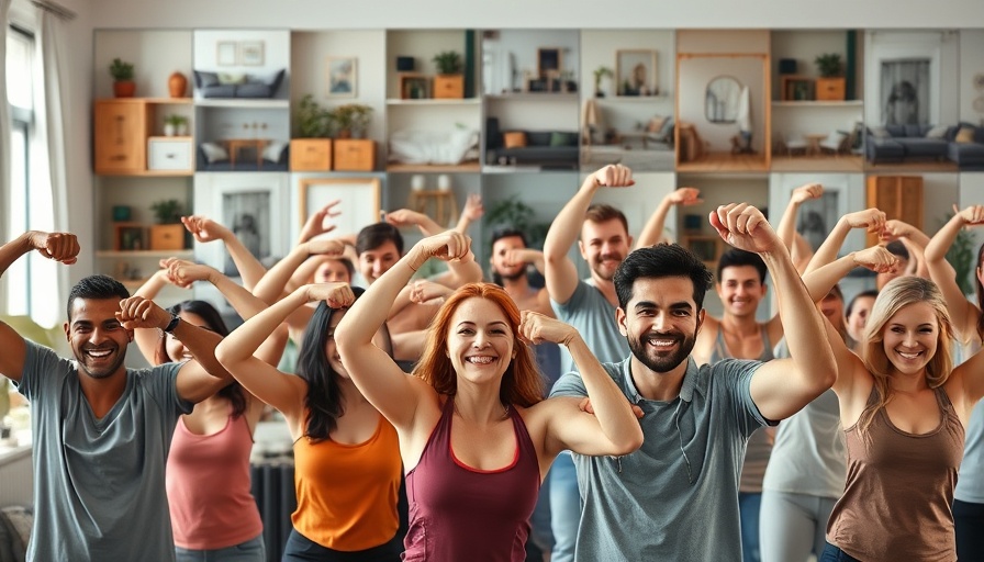 Virtual morning stretch program with diverse participants flexing arms.