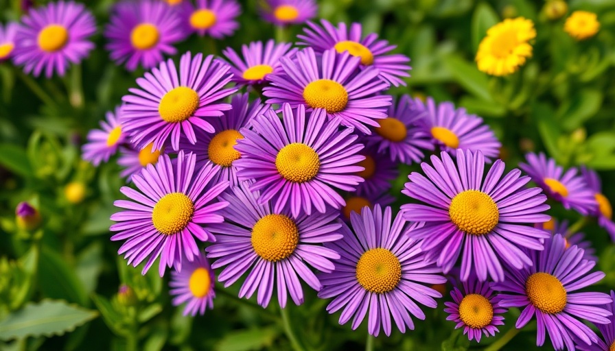 Vibrant purple New York asters with yellow centers in lush foliage.