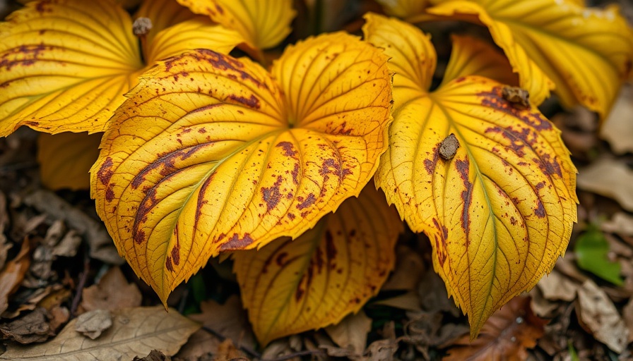 Diseased hosta leaves showing yellowing and brown spots.