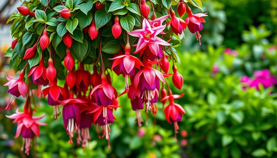 Lush fuchsia plant with vibrant pink blossoms, ideal for pruning tips.