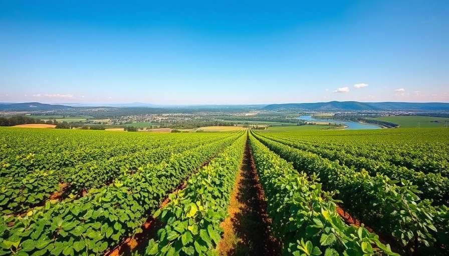 Expansive vineyards near Meridian ID with scenic hills under blue sky.