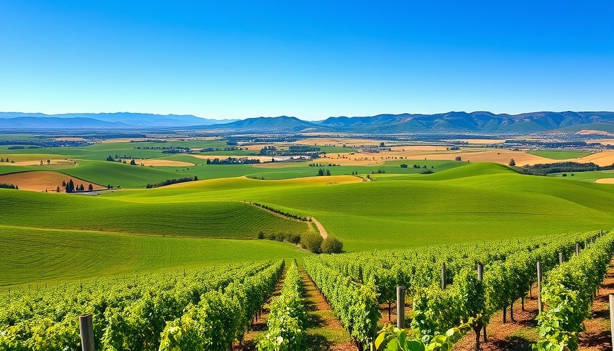 Beautiful landscape near Meridian, ID with hills and vineyards.