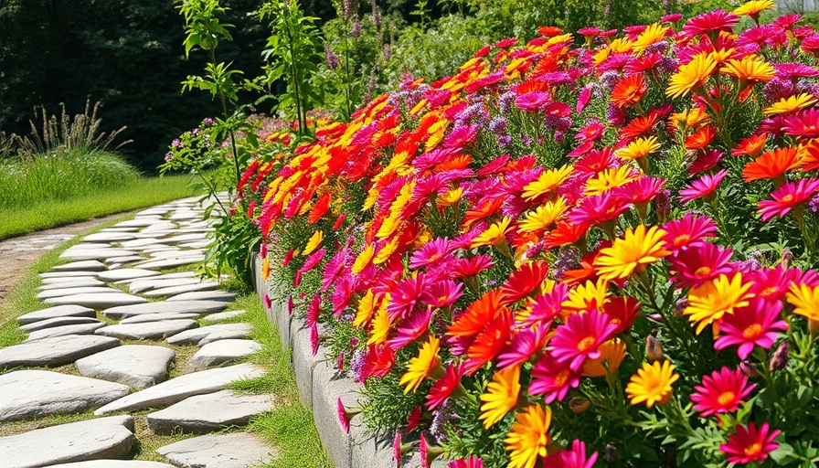 Eco-friendly gardening with colorful flowers and rocks in a sunlit garden.