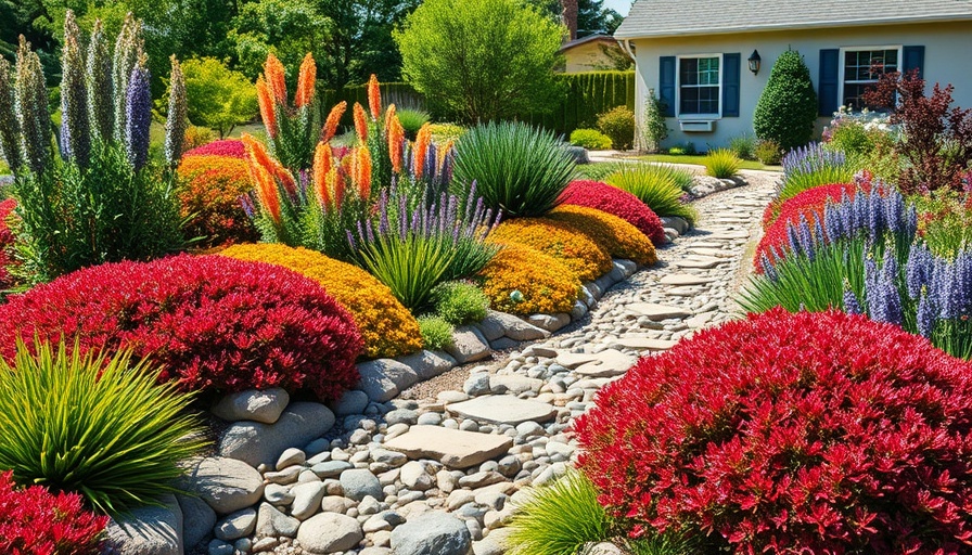 Native plant garden with colorful shrubs and rock path, sunny suburban setting.