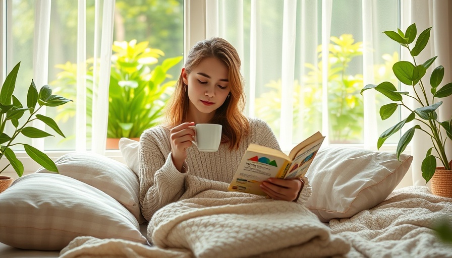 Young woman enjoying a cozy reading nook with coffee.
