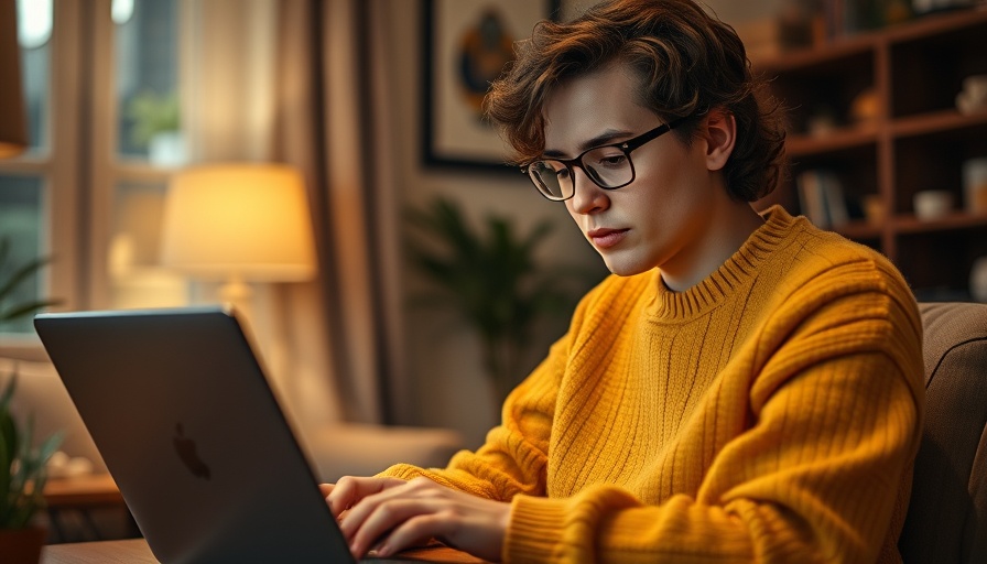 Person in yellow sweater typing on laptop at wooden desk.