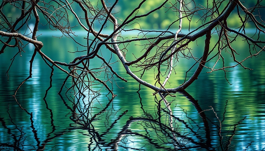 Abstract painting of branches reflects in water at Marin County art exhibition.