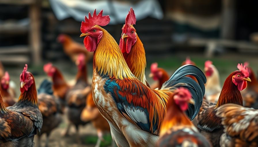 Rooster and hens in a farmyard, identifying bird flu sources