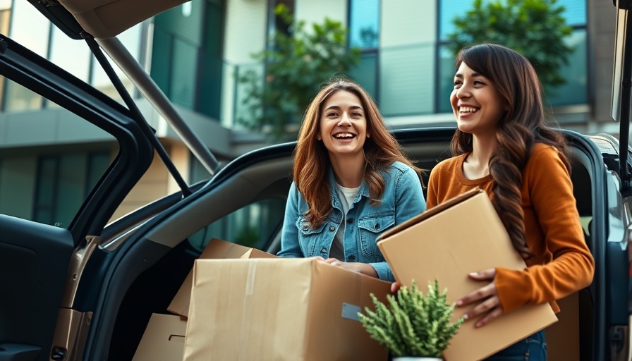 Young women unpacking car for off-campus college move-in.