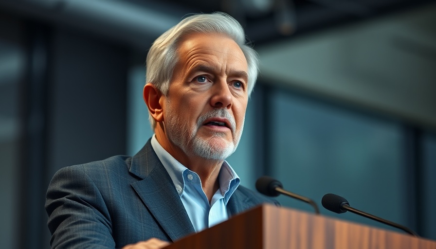 Older man speaking at a podium, serious expression.
