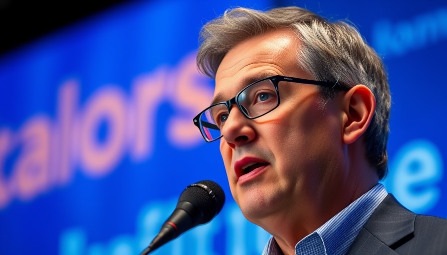 Middle-aged man discussing AI job loss at a conference.