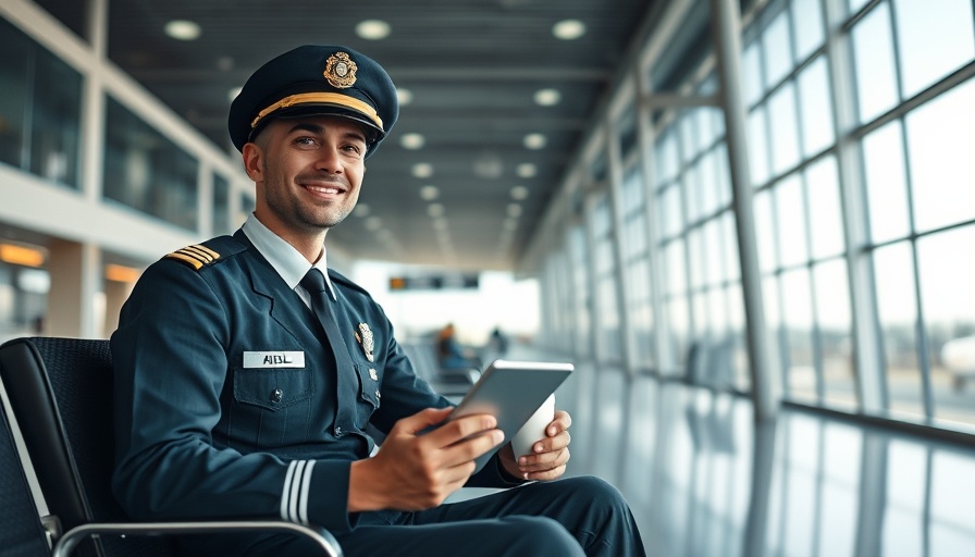Pilot enjoying coffee and technology in airport terminal.
