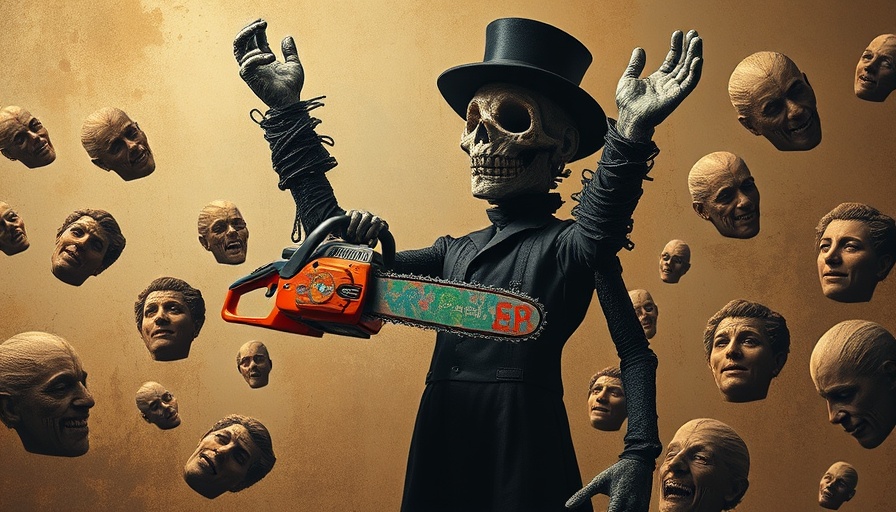 Surreal figure with chainsaw and floating faces on textured background.