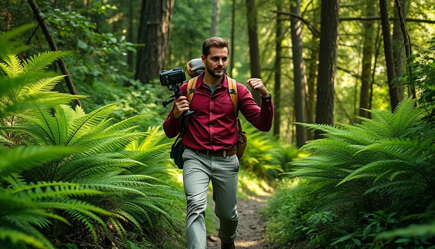 Man exploring forest with interactive video technology setup.