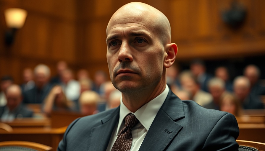 Breaking news: Bald man in courtroom with serious expression.