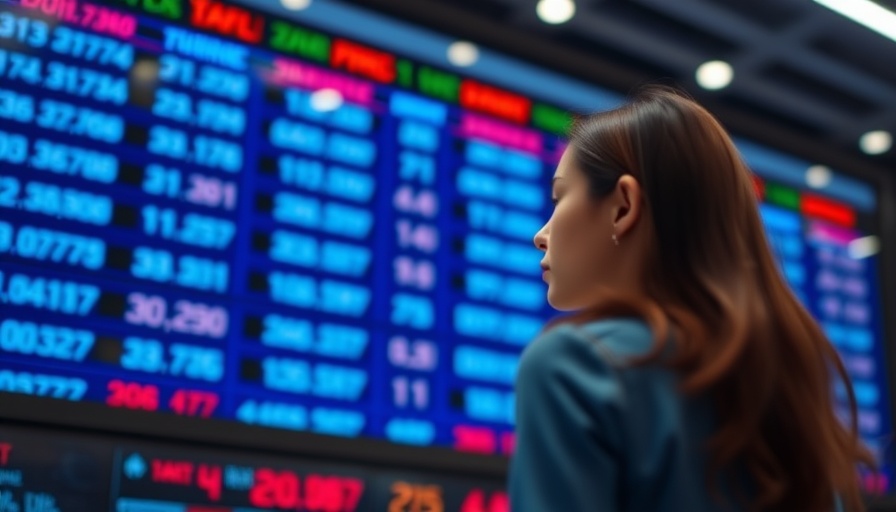 Stocks rally in Asia: woman in front of dynamic stock display.
