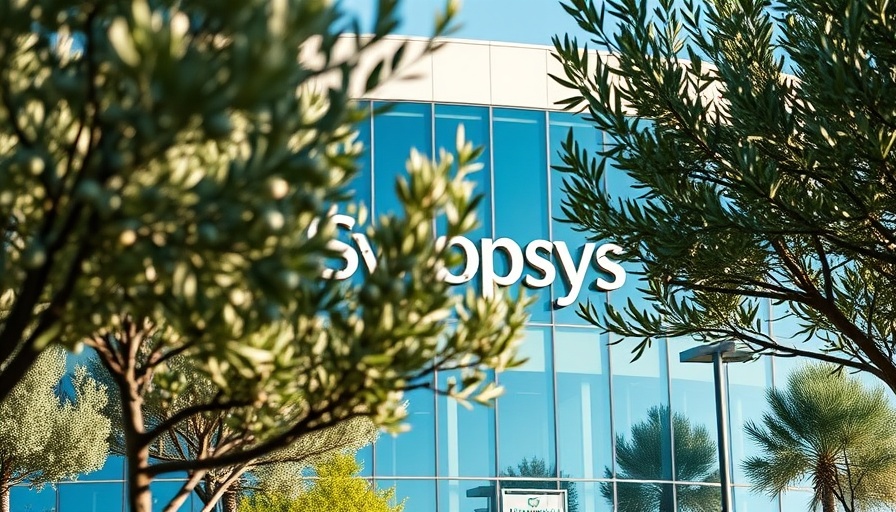 Synopsys building with logo and olive trees, capturing corporate presence.