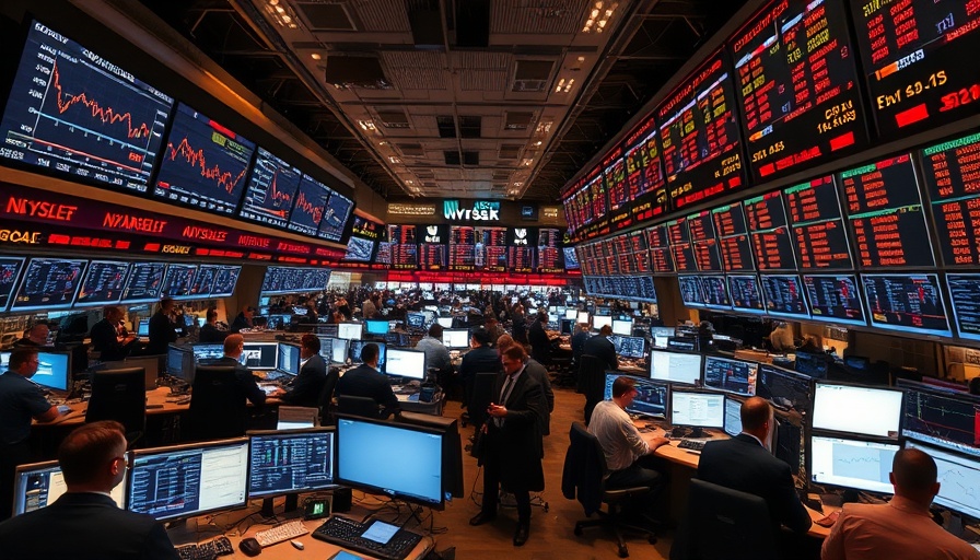 Bustling stock trading floor with traders and financial charts.