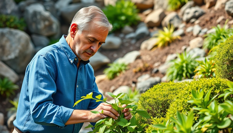 Man designing garden on sloped yard in outdoor setting.