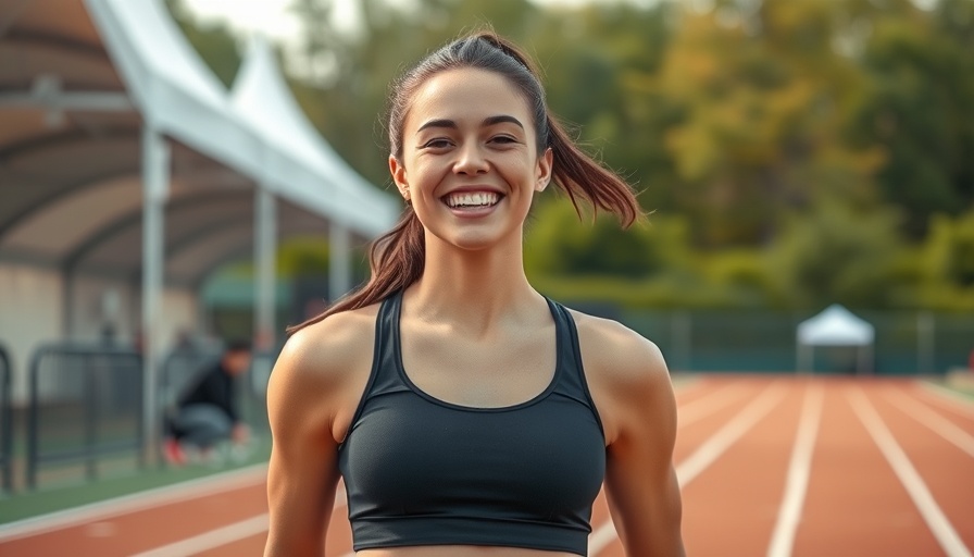 Young female athlete at California high school track meet, smiling.