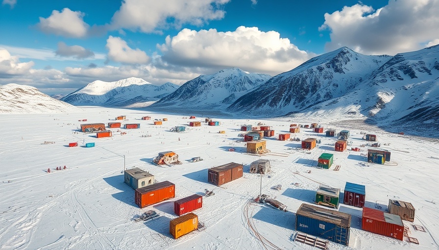 Aerial view of a scientific research base in snowy mountains, vibrant.