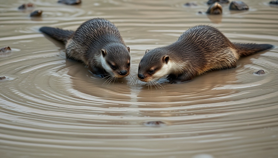 Otters foraging in muddy wetland reflecting 30x30 ocean protection goal.