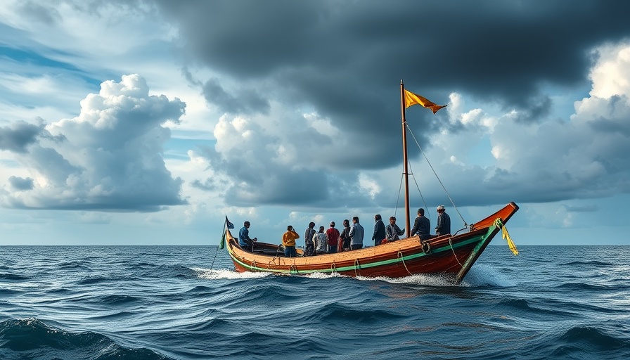 Fishermen on a boat in coastal greenbelt zones during a dramatic sky.
