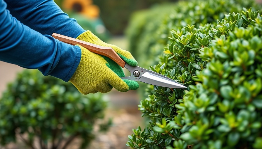 Pruning boxwood shrubs in a garden with green gloves and shears.