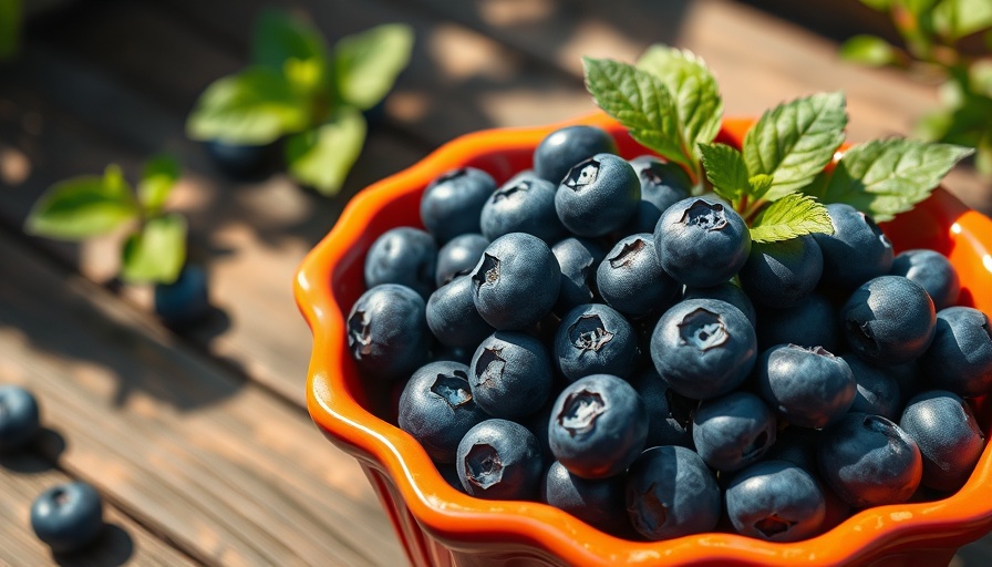 Fresh blueberries in a vibrant container on a wooden surface.