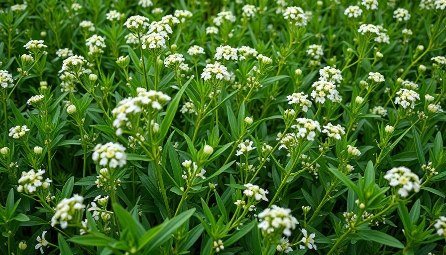 Field of lush green anise plants with white flowers, anise seed harvesting.