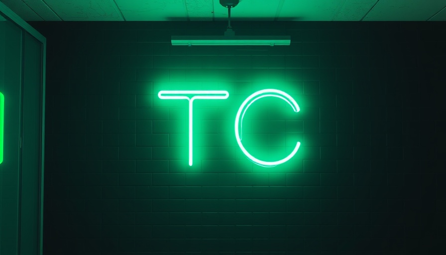 Green neon sign displaying TC in a dark office setting.