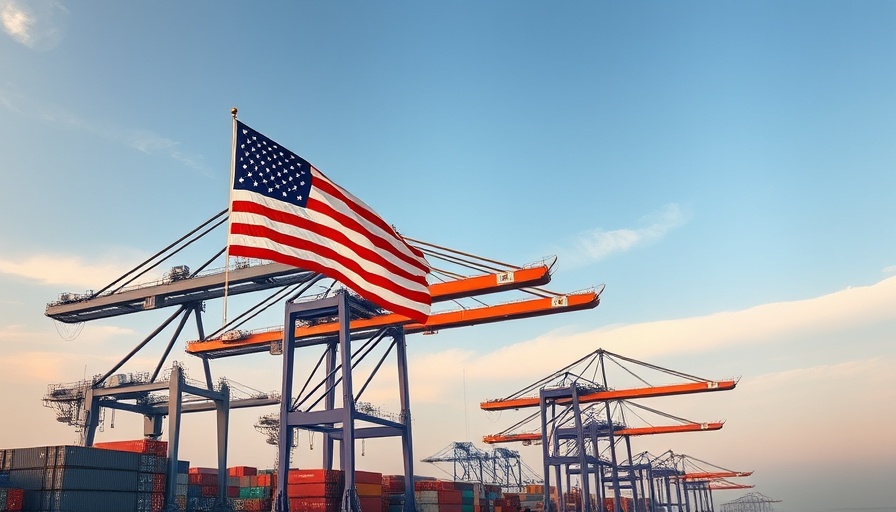 American flag at busy port with cranes and containers.
