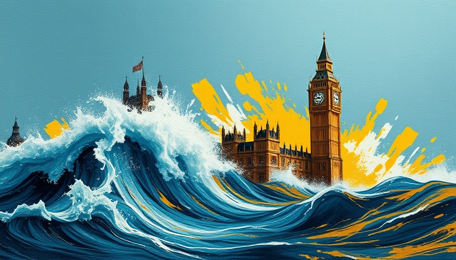 Political wave engulfing UK Parliament, abstract style.