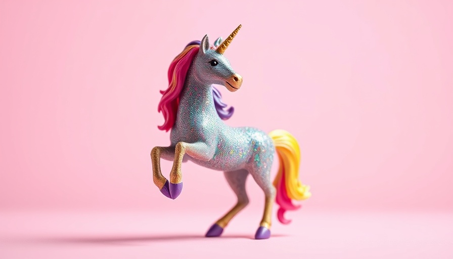 Sparkly unicorn figurine on pink background representing magic.