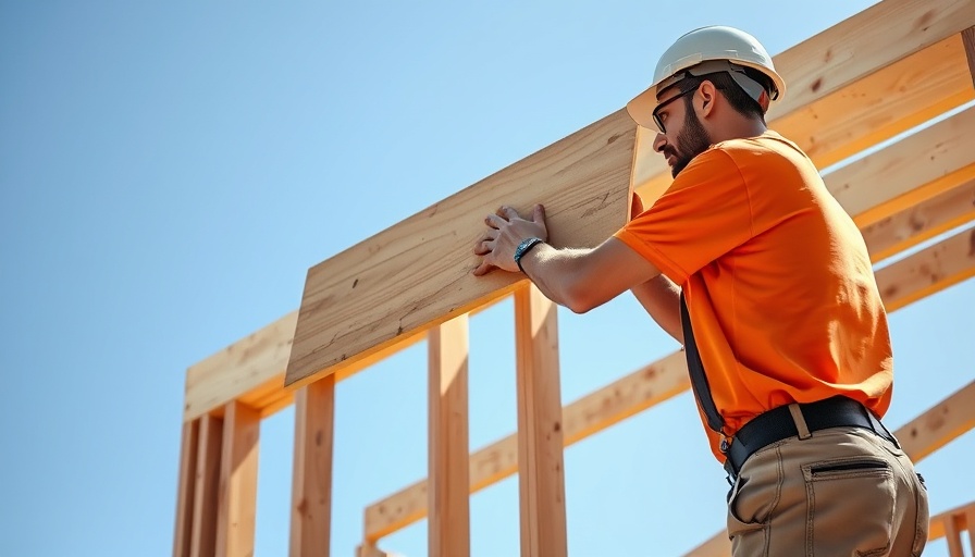 Construction site worker with plywood under blue sky, US economy.