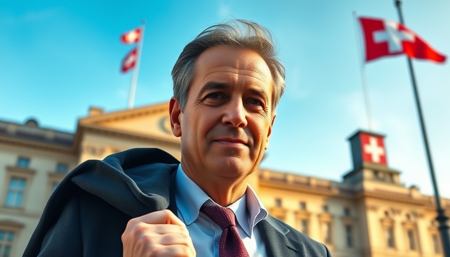 Confident businessman in front of building with Swiss flag
