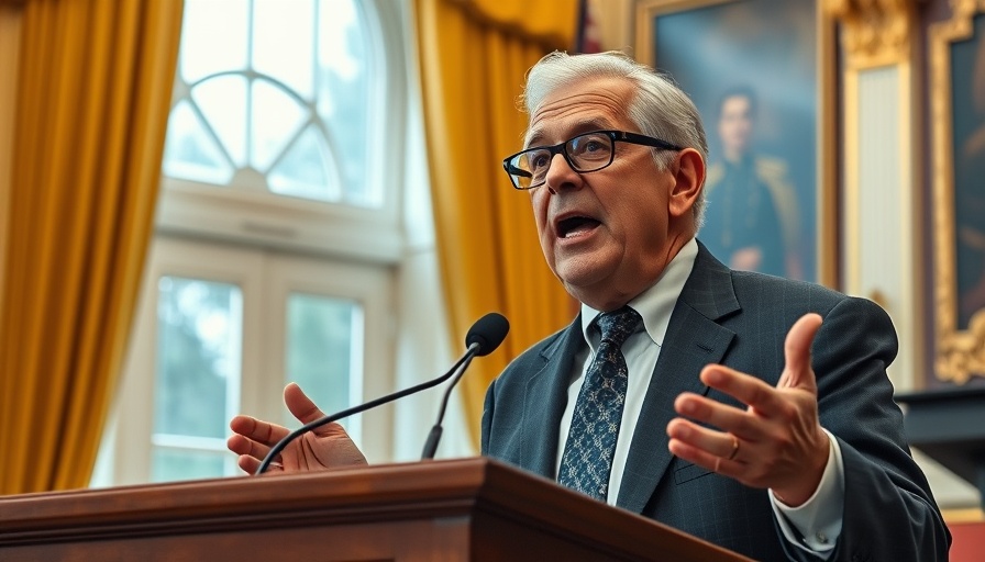 Ruling against Trump tariffs, expressive figure at podium, official setting