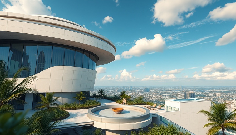 Futuristic building rooftop in Marin County with patio under cloudy sky.