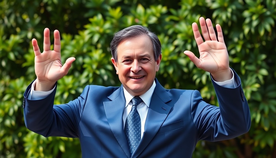 Former leader waving outdoors, lush green background, soft sunlight.