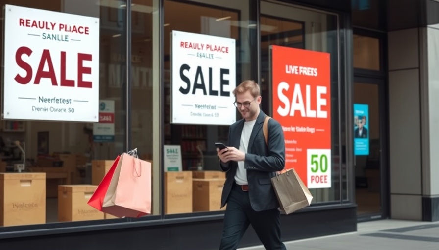 Man checking phone outside a store with sale signs, US importers and tariff changes.