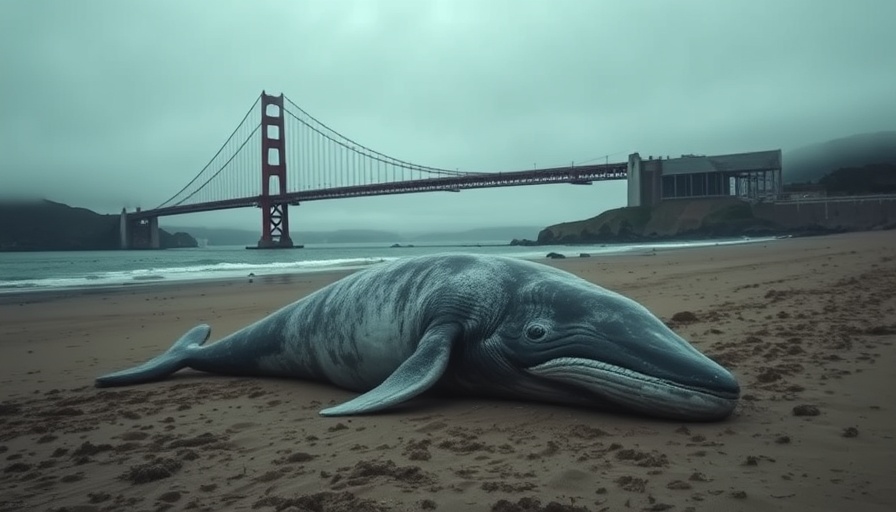 Deceased whale on beach by Golden Gate Bridge highlighting whale death toll San Francisco Bay.