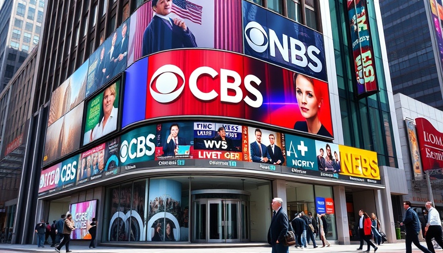CBS News building with program displays and pedestrians, related to Trump CBS News lawsuit.