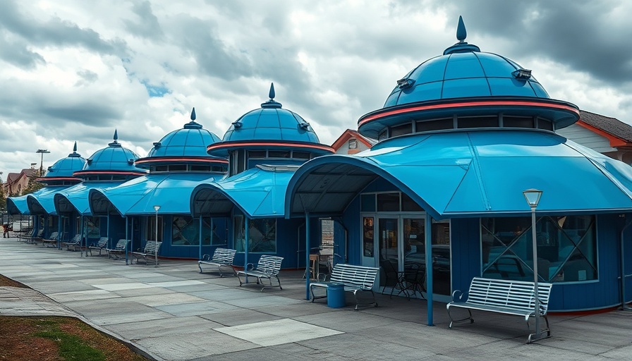Futuristic building with blue domed roofs under cloudy sky; local news.
