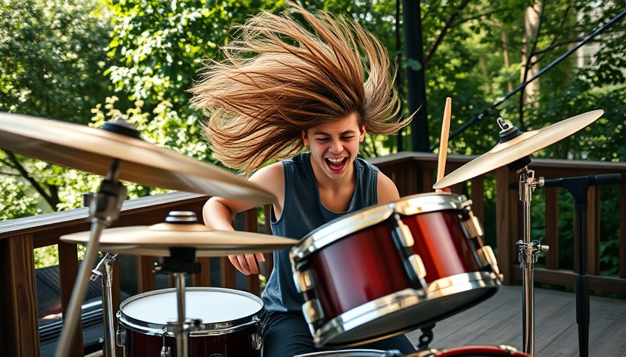 Energetic drummer performing live outdoors, vibrant scene.