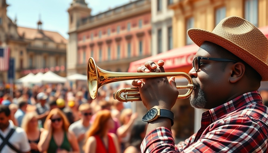 Musician playing trumpet at Redwood City festival, bustling crowd.